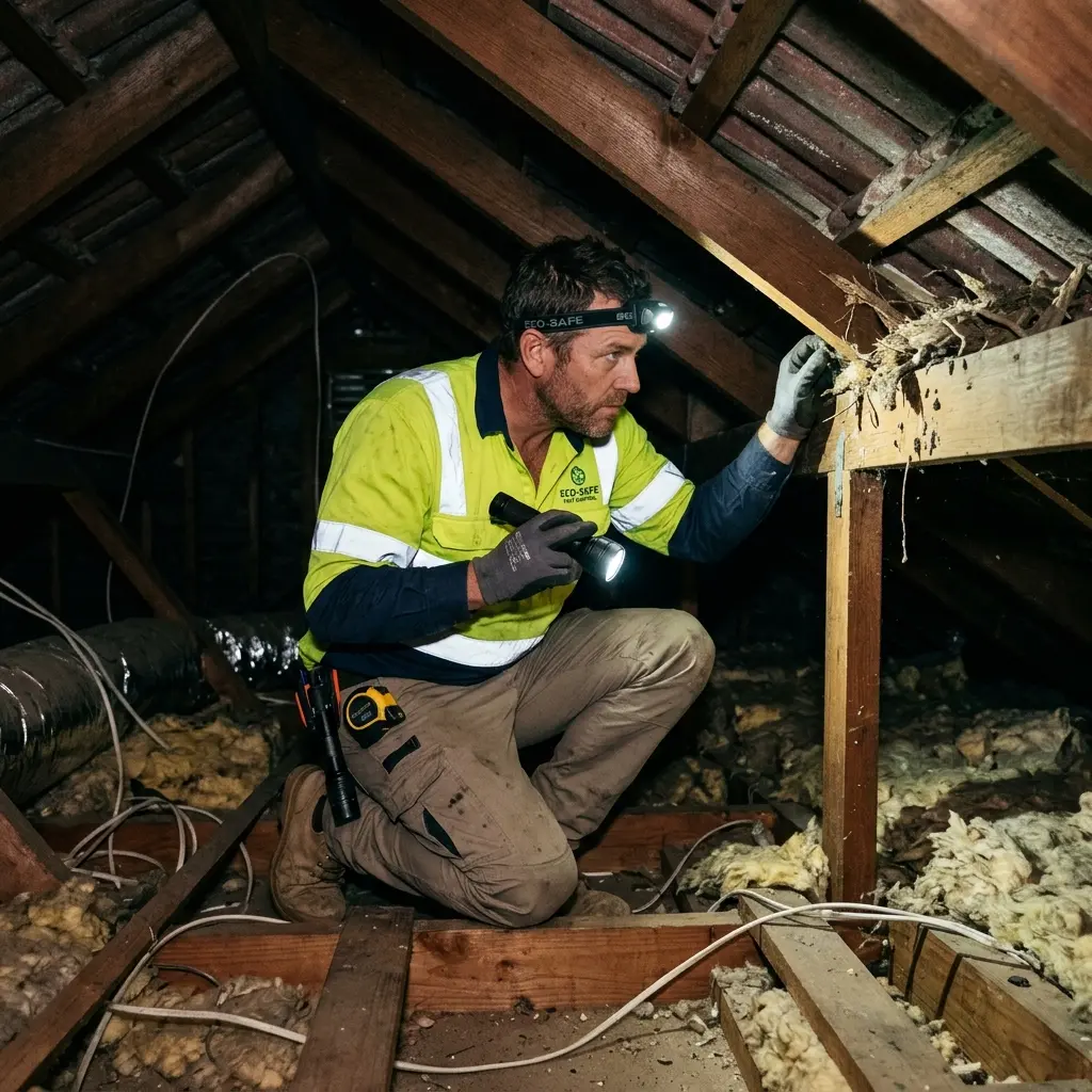 Technician using detection equipment to locate a dead rat inside a Yarra Junction wall cavity
